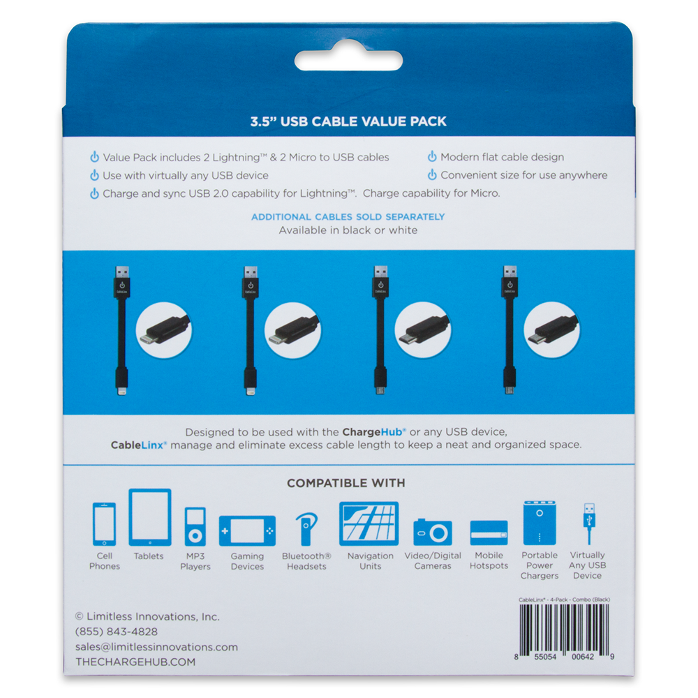 The Charge Hub Cable Linx Value Pack of 2 Lightning and 2 Micro to USB Charge & Sync Cables