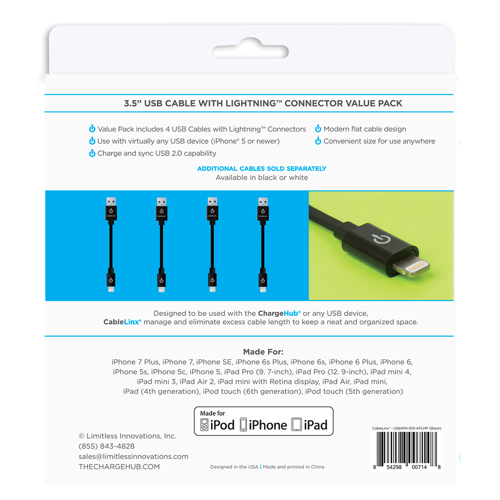 The Charge Hub Cable Linx Value Pack of 4 MFi USB Charge & Sync Cables with Lightning Connector